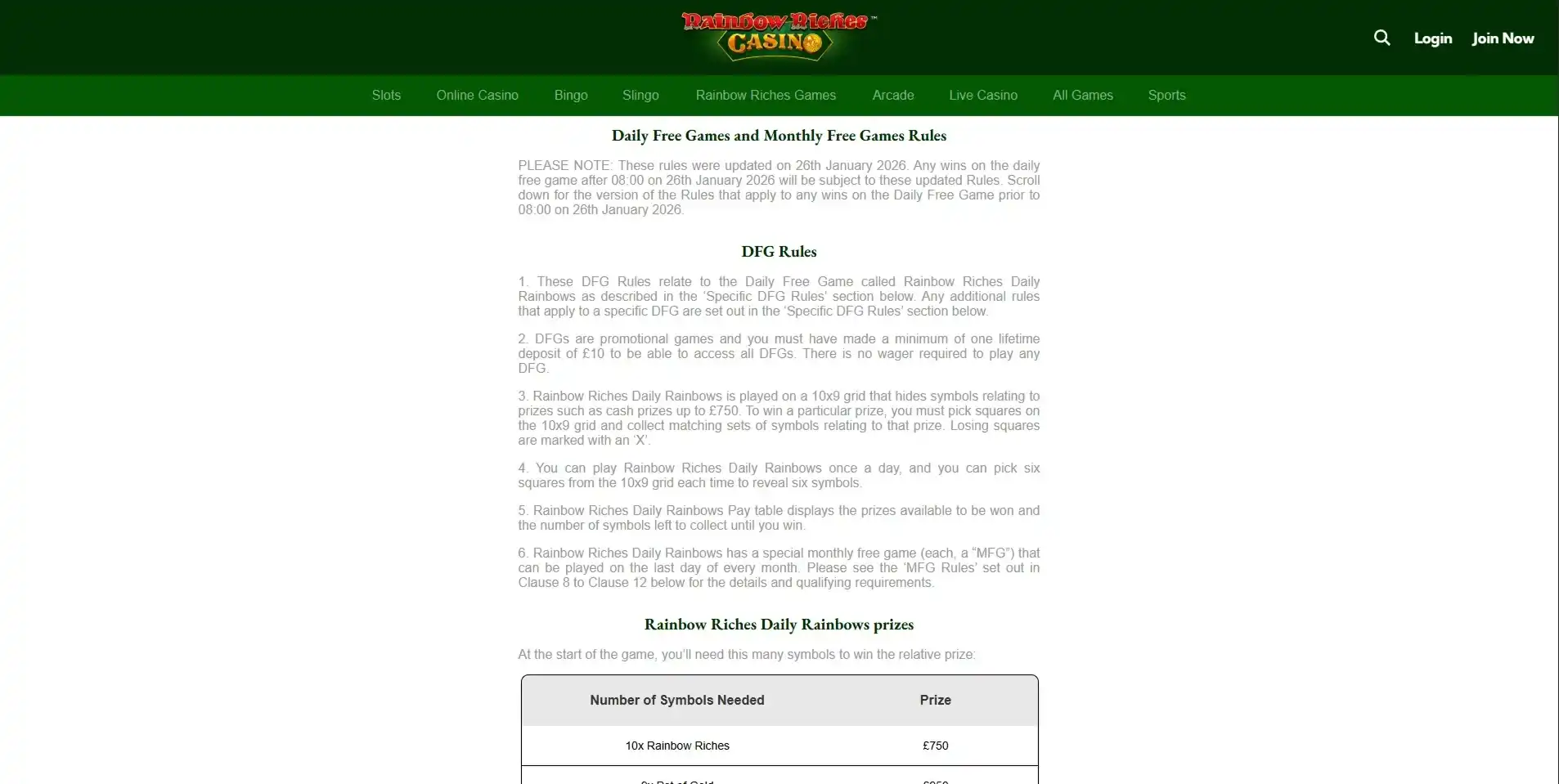 Official Rainbow Riches Daily and Monthly Free Games rules page