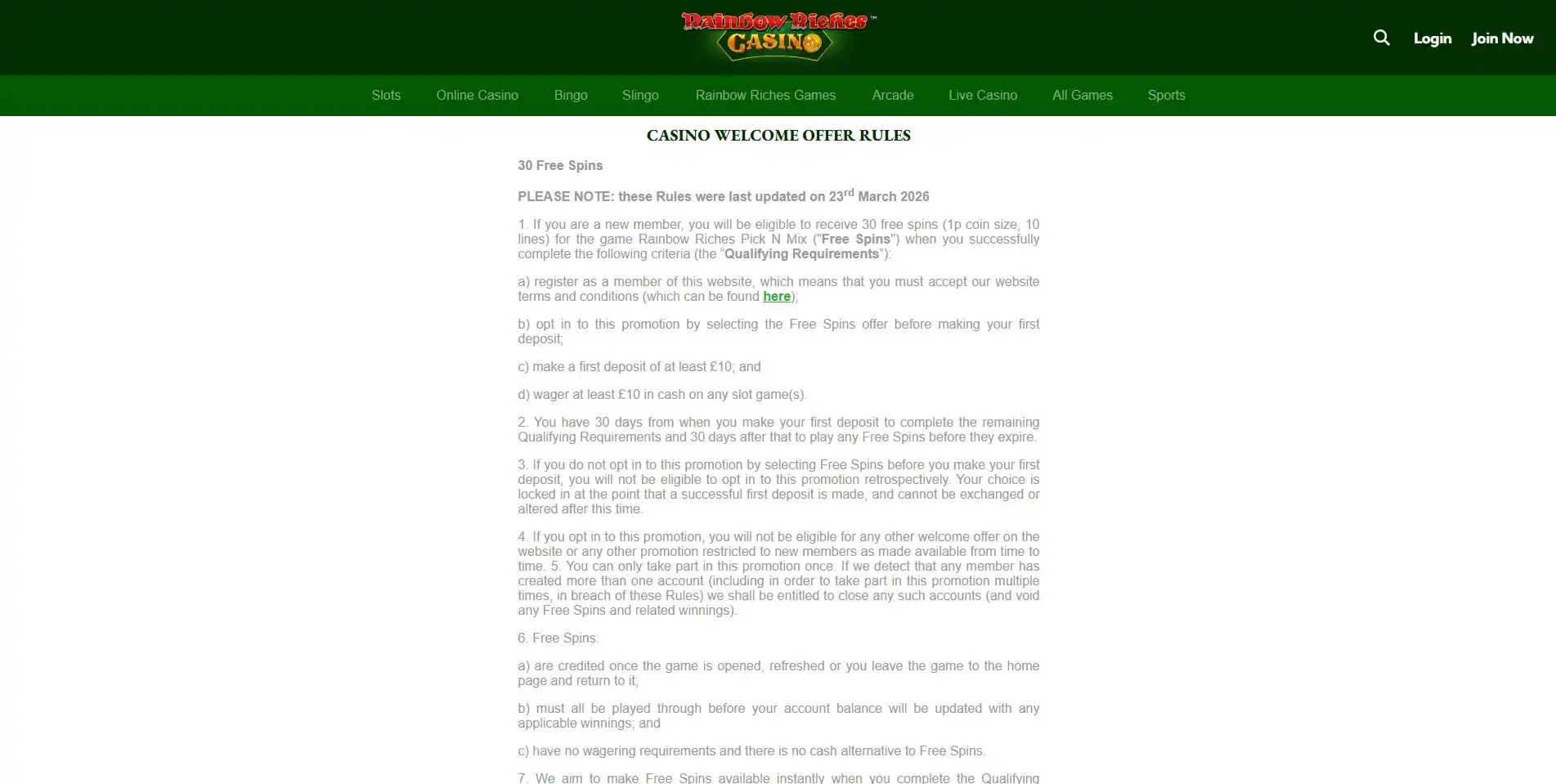Current Rainbow Riches Casino welcome offer terms showing the 30 free spins promotion