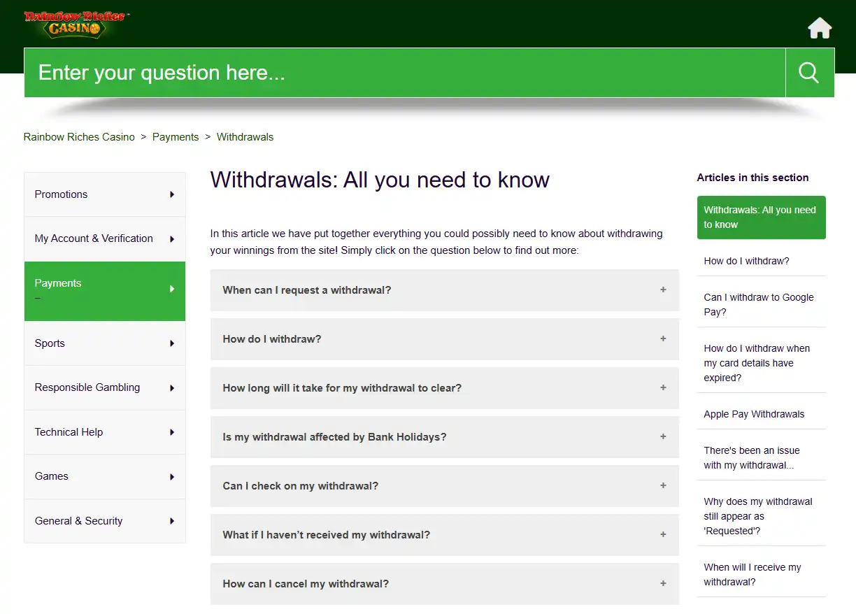 Rainbow Riches Casino official withdrawal help table showing current limits and payout times