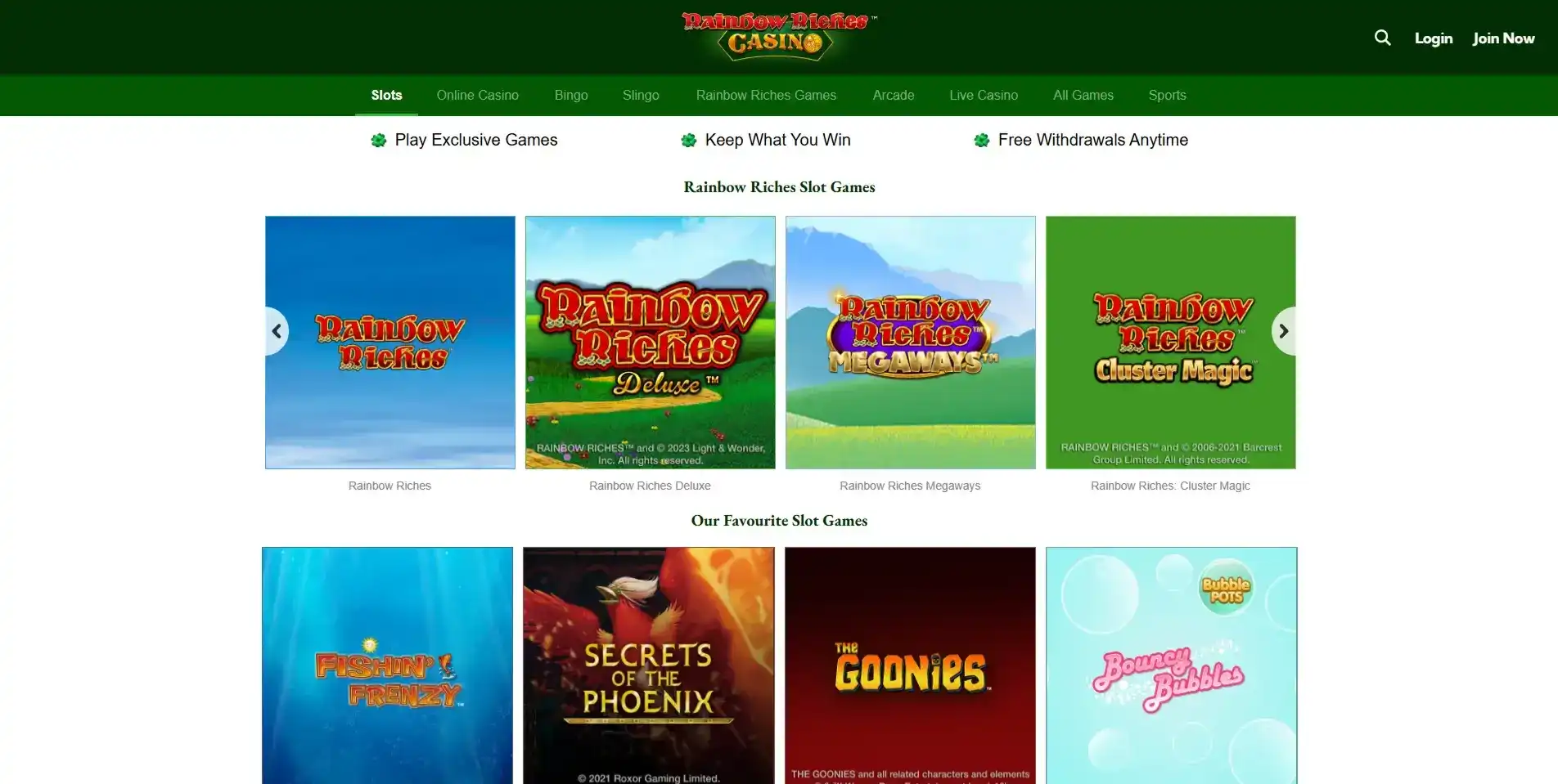 Rainbow Riches Casino official slot catalogue showing current Rainbow Riches branded games