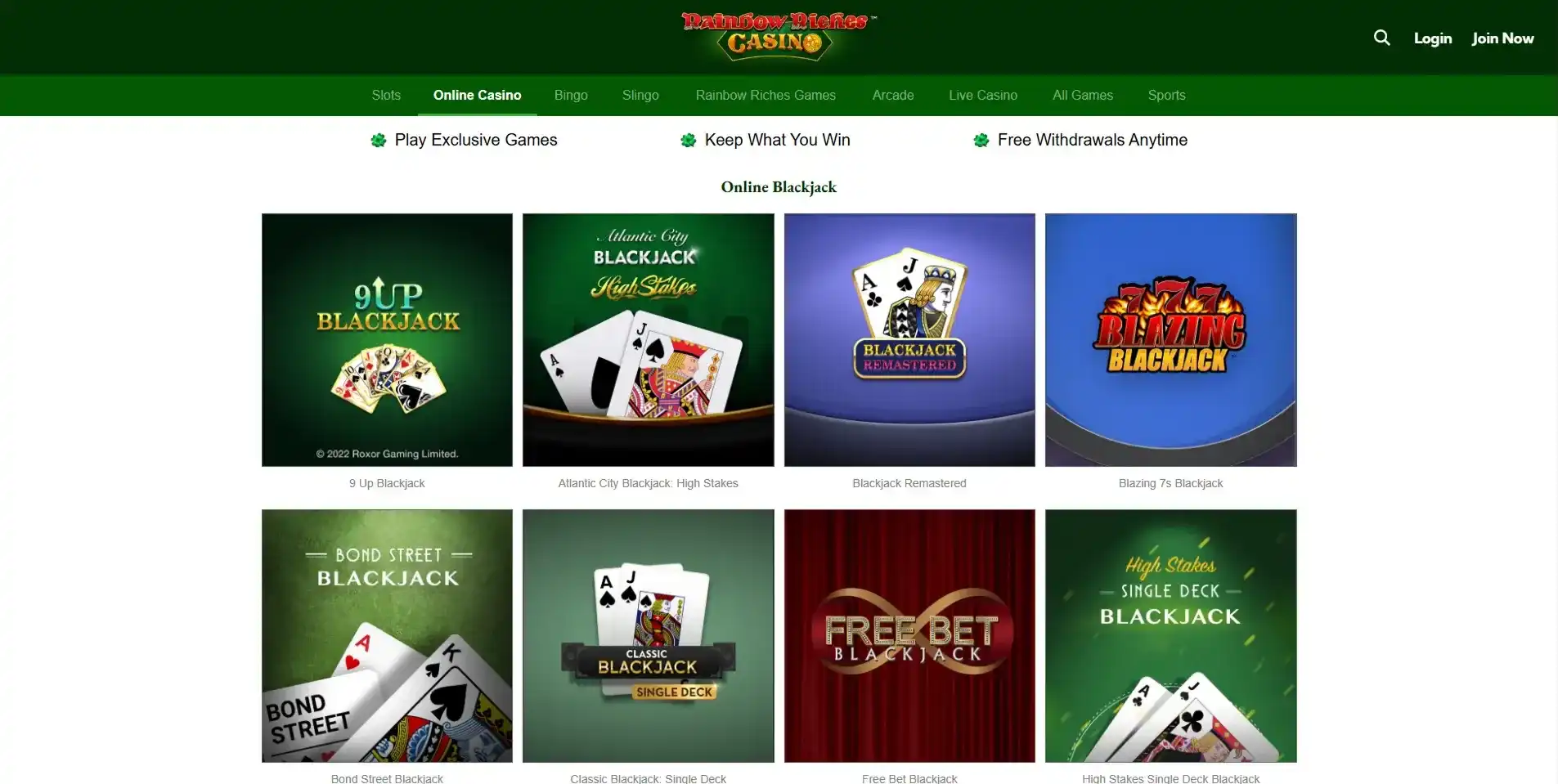 Rainbow Riches Casino current games catalogue showing representative game categories