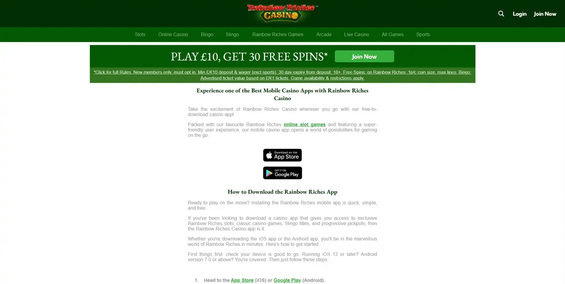 Official Rainbow Riches Casino mobile app page showing the app download routes