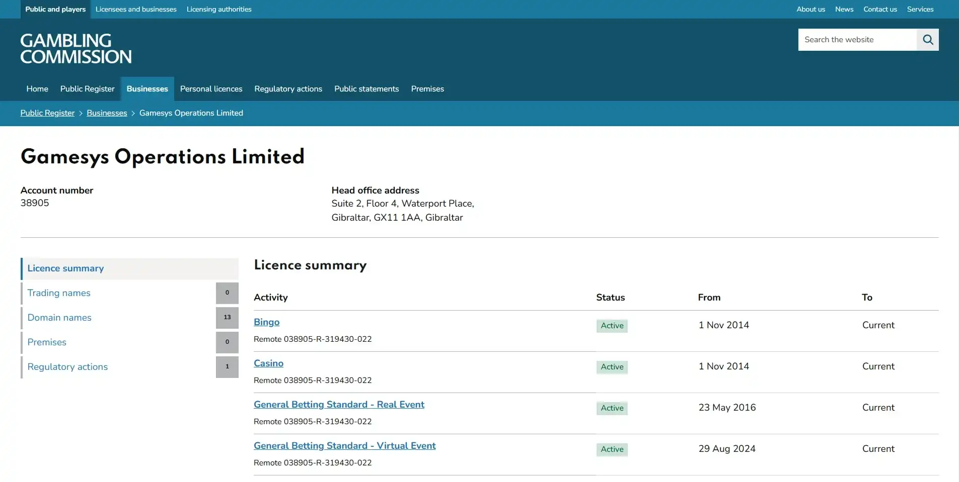 Gambling Commission public register entry for Gamesys Operations Limited