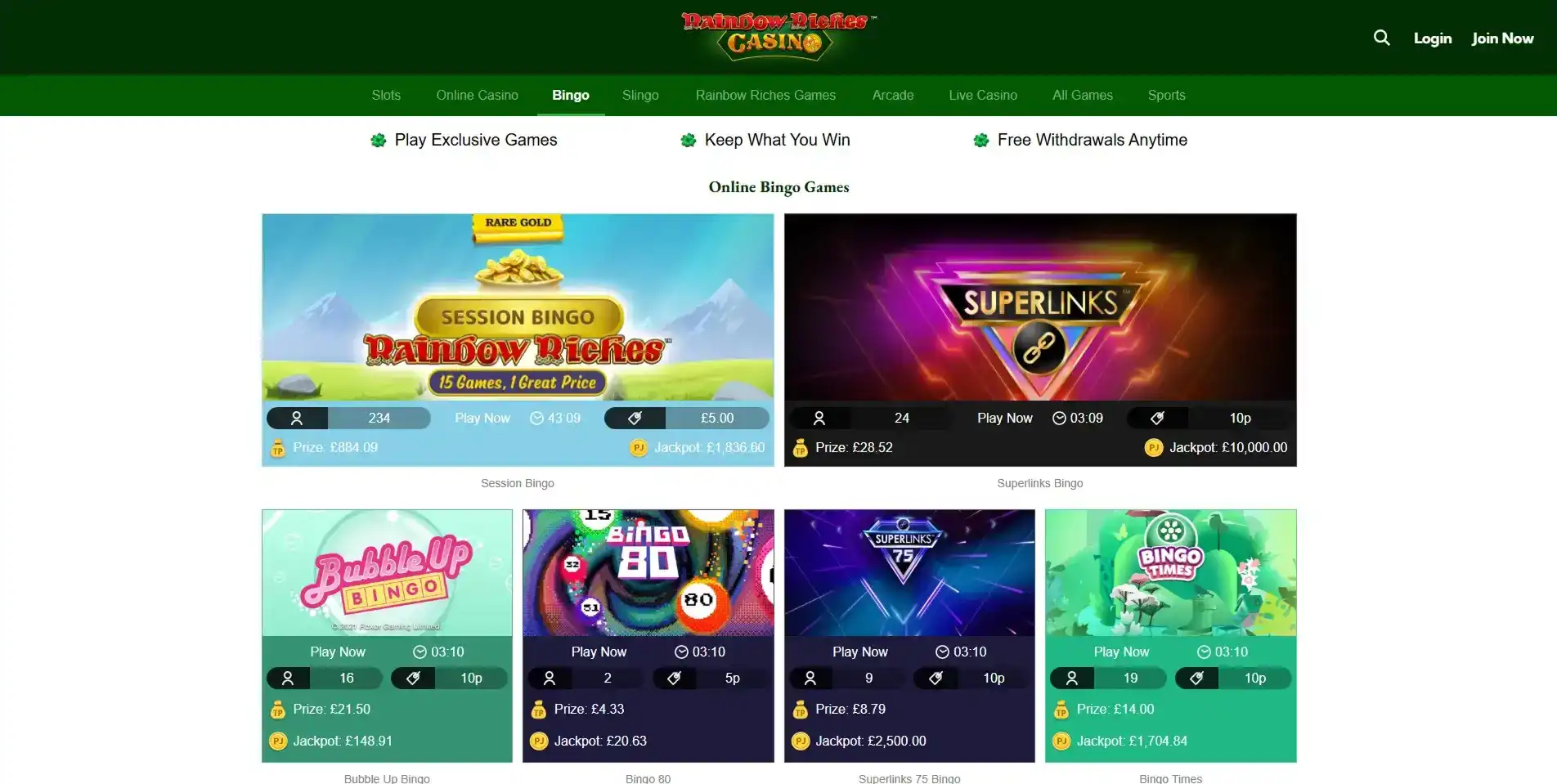 Current official Rainbow Riches Casino online bingo lobby
