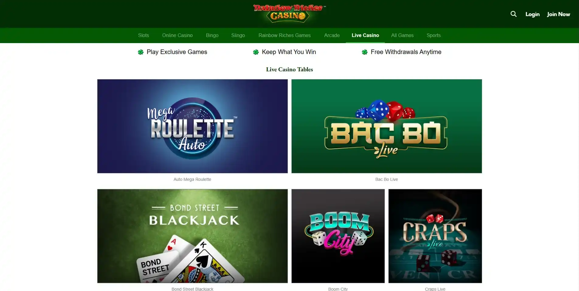 Rainbow Riches Casino official live casino interface with a real live dealer game