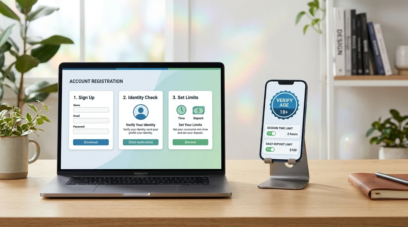 Editorial illustration of adult online casino registration and identity verification