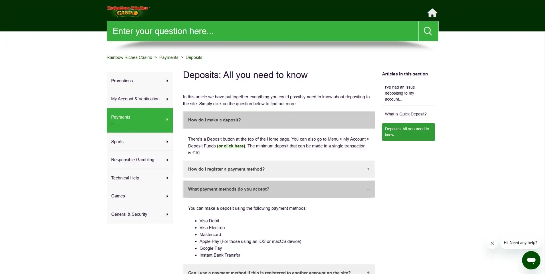 Rainbow Riches Casino official deposits help page listing current payment methods