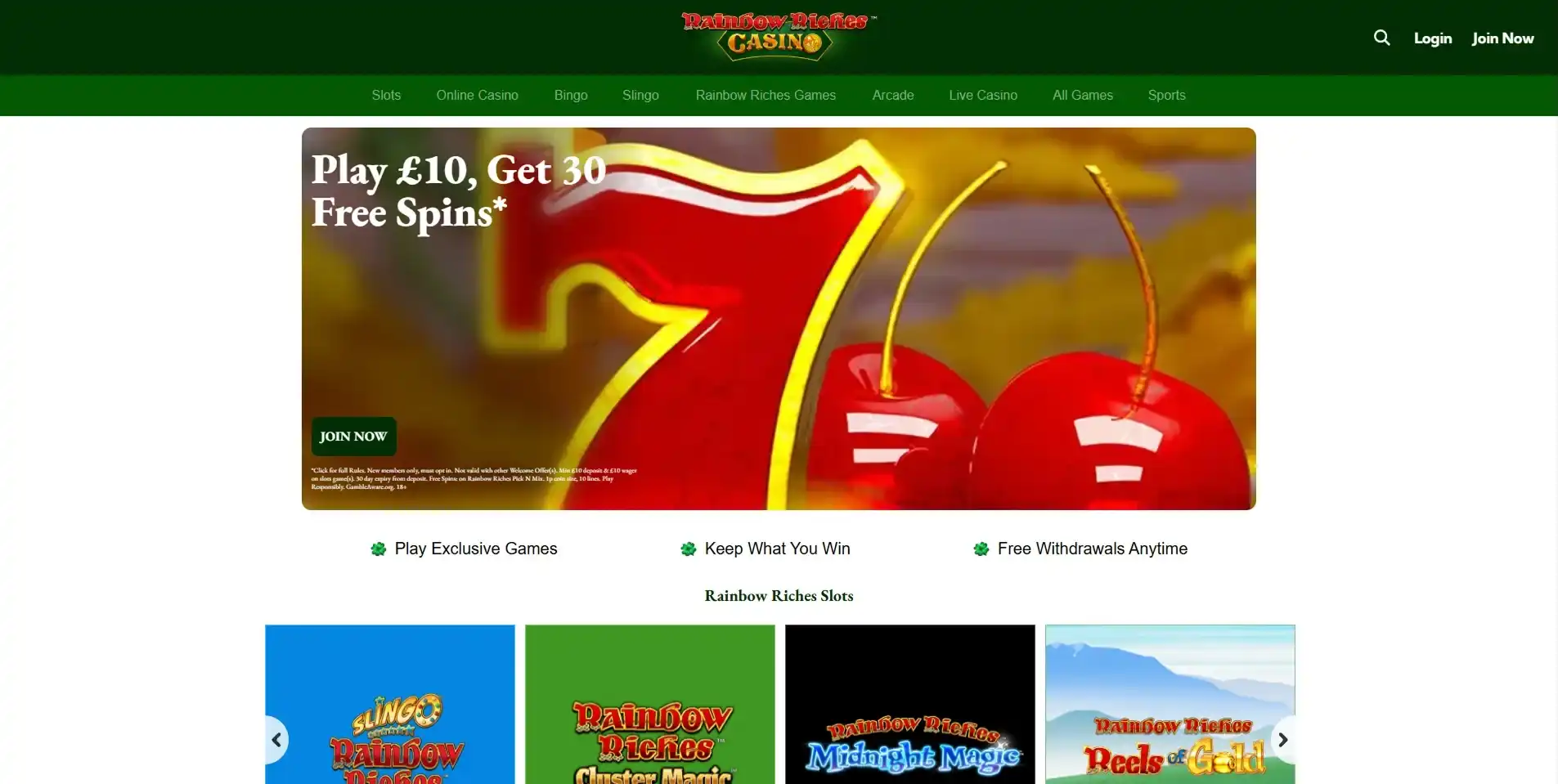 Rainbow Riches Casino UK homepage